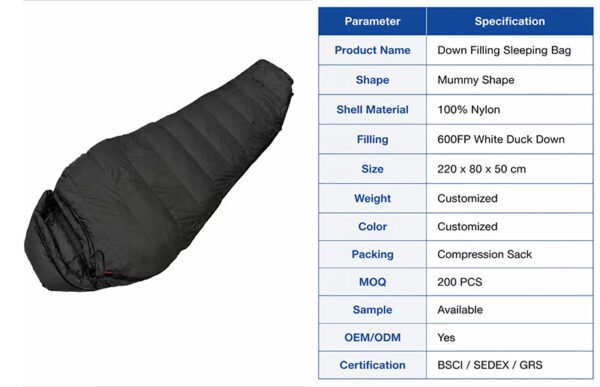 Duck Down Sleeping Bag Parameter Details Warm Duck Down Sleeping Bag for Winter Camping