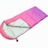 custom-kids-envelope-sleeping-bag Open pink and purple kids sleeping bag showing grey lining