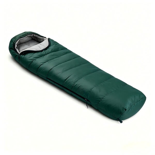 Green duck down mummy sleeping bag with hood