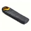 Grey cold weather down sleeping bag with yellow hood