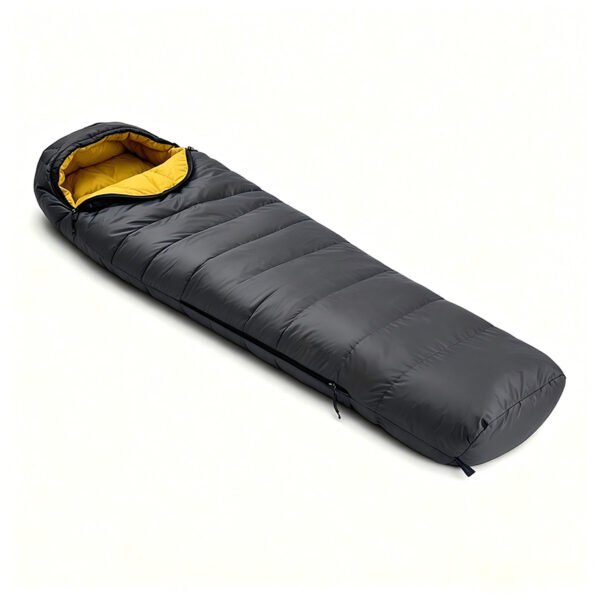 Grey cold weather down sleeping bag with yellow hood