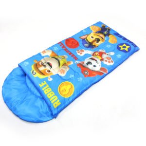kids-cartoon-camping-sleeping-bag Blue kids cartoon camping sleeping bag with an envelope-style design