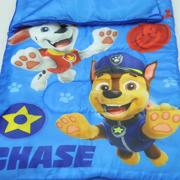 kids-cartoon-sleeping-bag-print Colorful cartoon character print on a blue kids sleeping bag