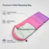 kids-envelope-sleeping-bag-features Pink and purple kids sleeping bag with product feature callouts