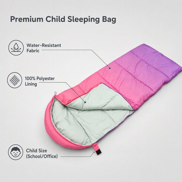 kids-envelope-sleeping-bag-features Pink and purple kids sleeping bag with product feature callouts