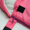 kids-sleeping-bag-zipper-closure Purple zipper and hook-and-loop closure on pink kids sleeping bag