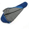 Open view of blue and grey mummy down sleeping bag