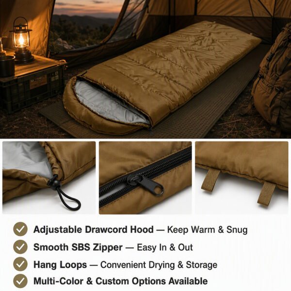 oversized-hooded-camping-sleeping-bag-features Brown hooded camping sleeping bag inside a tent with drawcord hood, zipper and hanging loop details