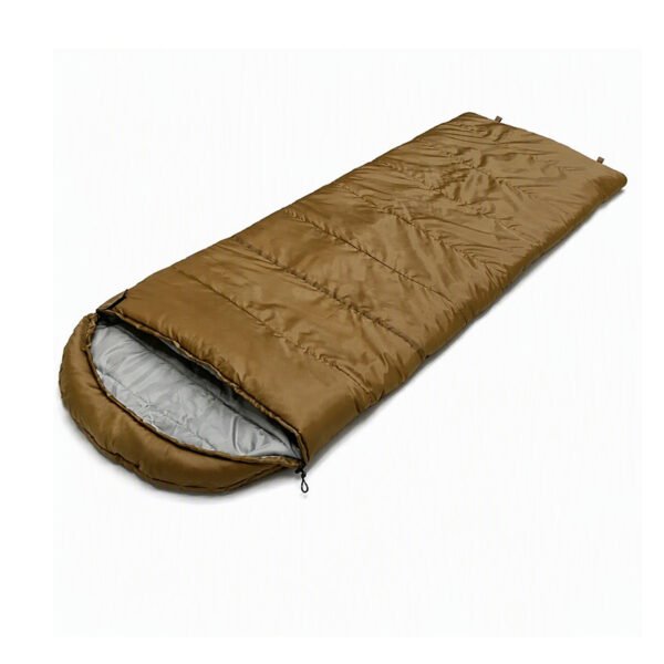 oversized-hooded-sleeping-bag Brown oversized hooded sleeping bag with envelope-style design