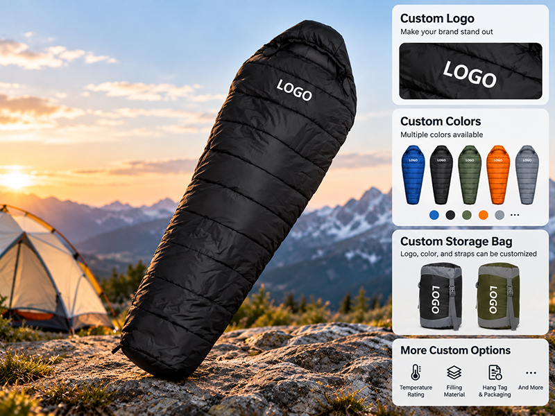 Custom sleeping bag samples with branded logos and fabric options