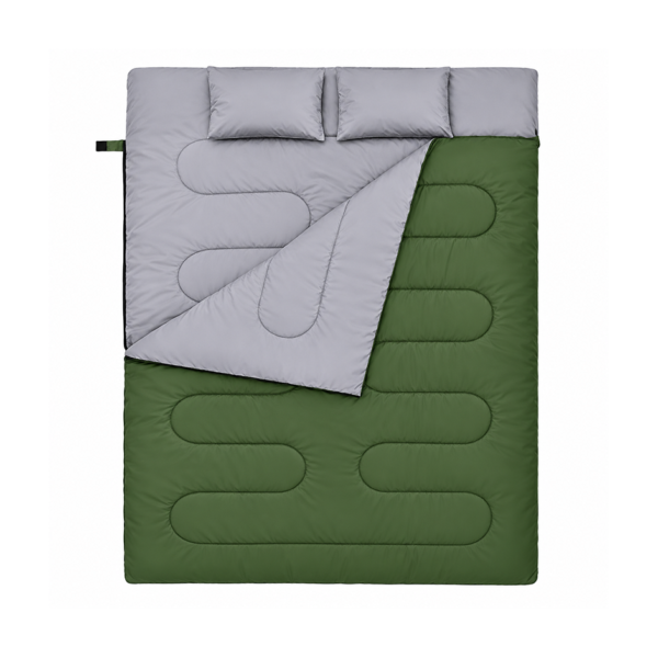 Olive green double sleeping bag with gray lining folded open and two pillows Olive green double sleeping bag with gray lining folded open and two pillows