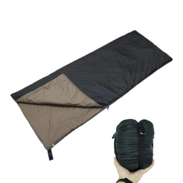 black-ripstop-nylon-travel-sleeping-bag Black ripstop nylon travel sleeping bag with grey lining and storage bag