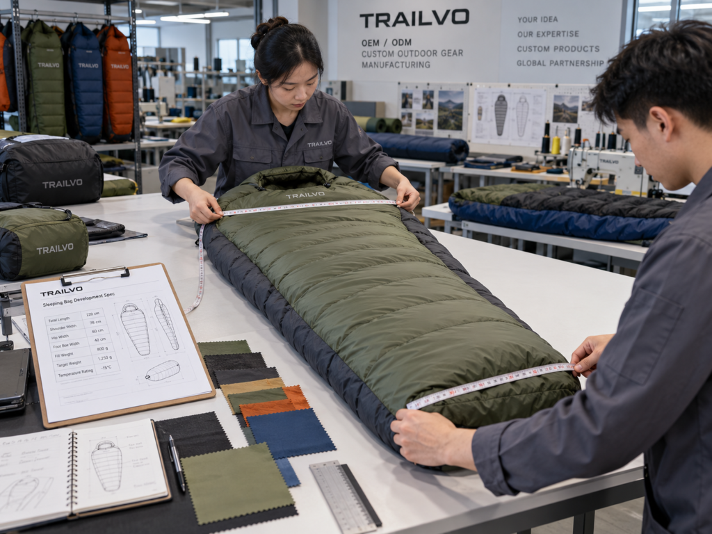 Factory worker measuring mummy sleeping bag dimensions for OEM customization