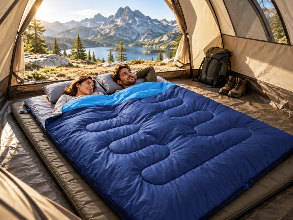 Couple sharing a double sleeping bag during an outdoor camping trip