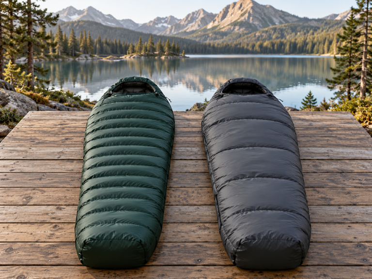 Down and synthetic sleeping bags displayed side by side