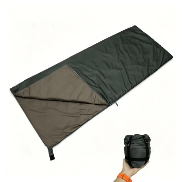 green-ripstop-camping-sleeping-bag Dark green ripstop camping sleeping bag with contrasting lining and packed view