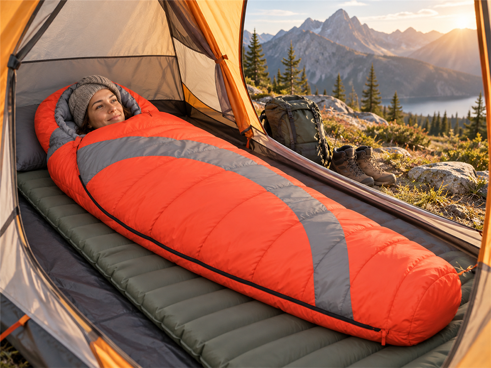Camper using a mummy sleeping bag at a mountain campsite with a sleeping pad