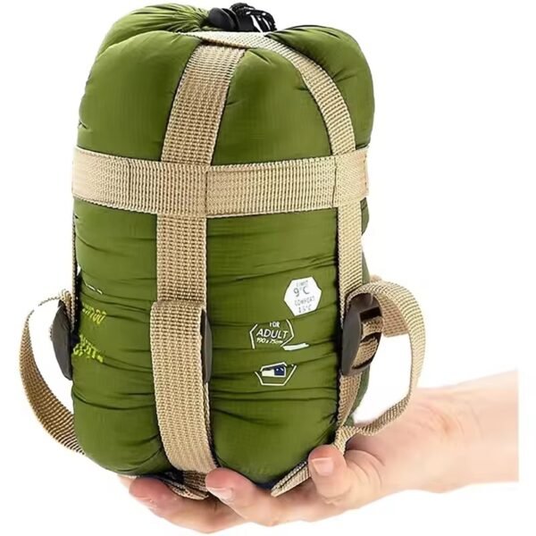 ripstop-nylon-sleeping-bag-packed Compact ripstop nylon sleeping bag packed in a green compression bag