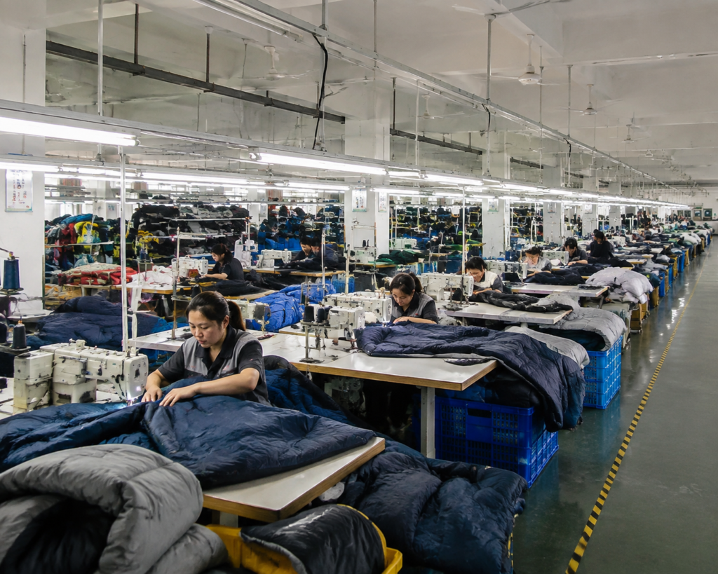 Workers sewing sleeping bags at an outdoor equipment manufacturing factory