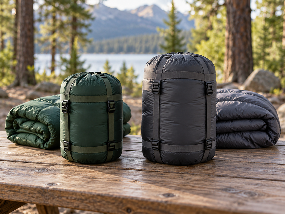 Two sleeping bags shown with their packed storage bags