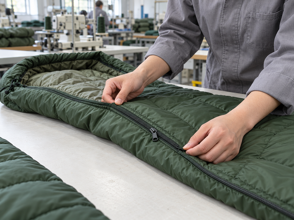 Inspection of sleeping bag fabric, stitching and zipper