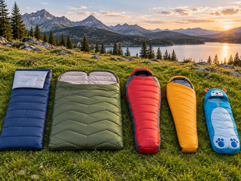 Five different sleeping bag types displayed on outdoor grass, including rectangular, double, mummy, lightweight and kids sleeping bags