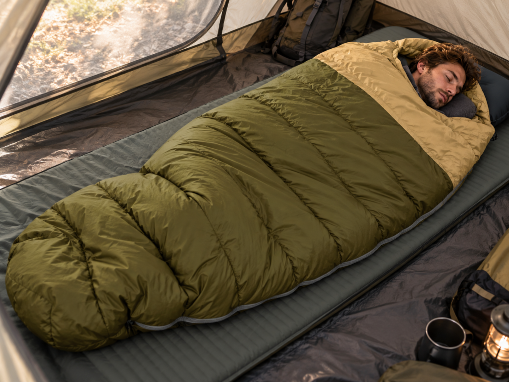 Side sleeper using a wide mummy sleeping bag inside a camping tent